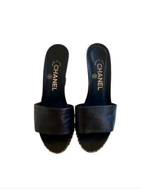 CHANEL Black Leather Chain Slide Mules with Gold Logo
